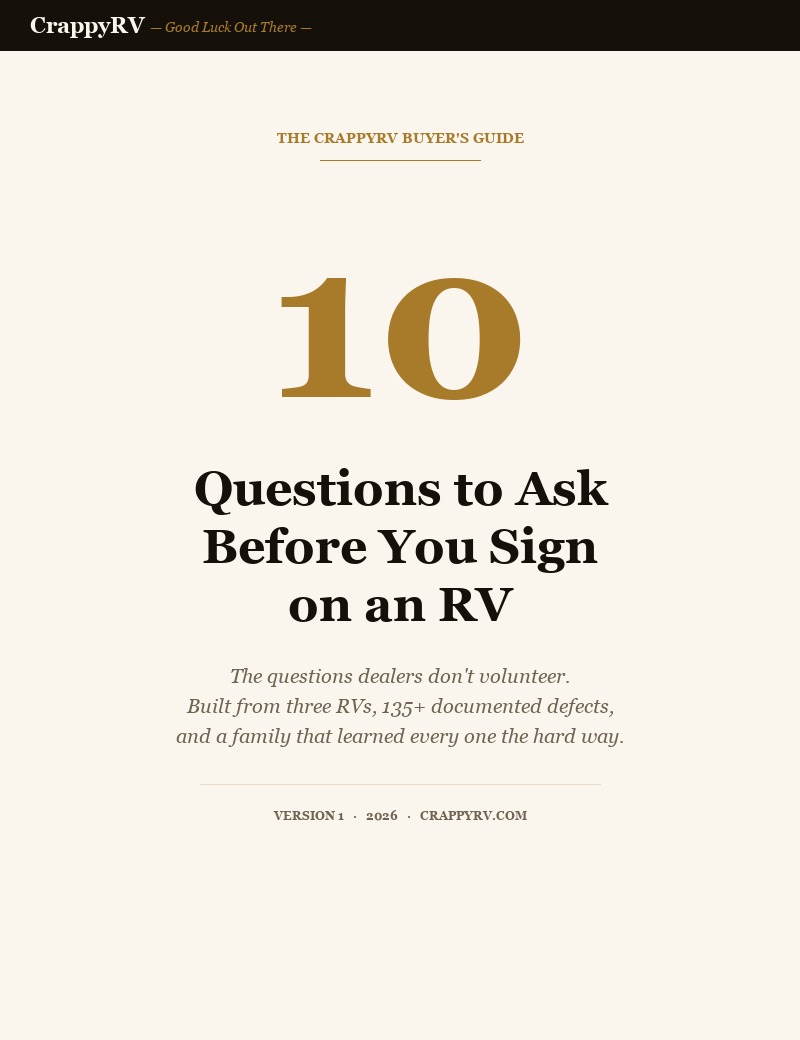 Cover of The CrappyRV Buyer's Guide: 10 Questions to Ask Before You Sign on an RV