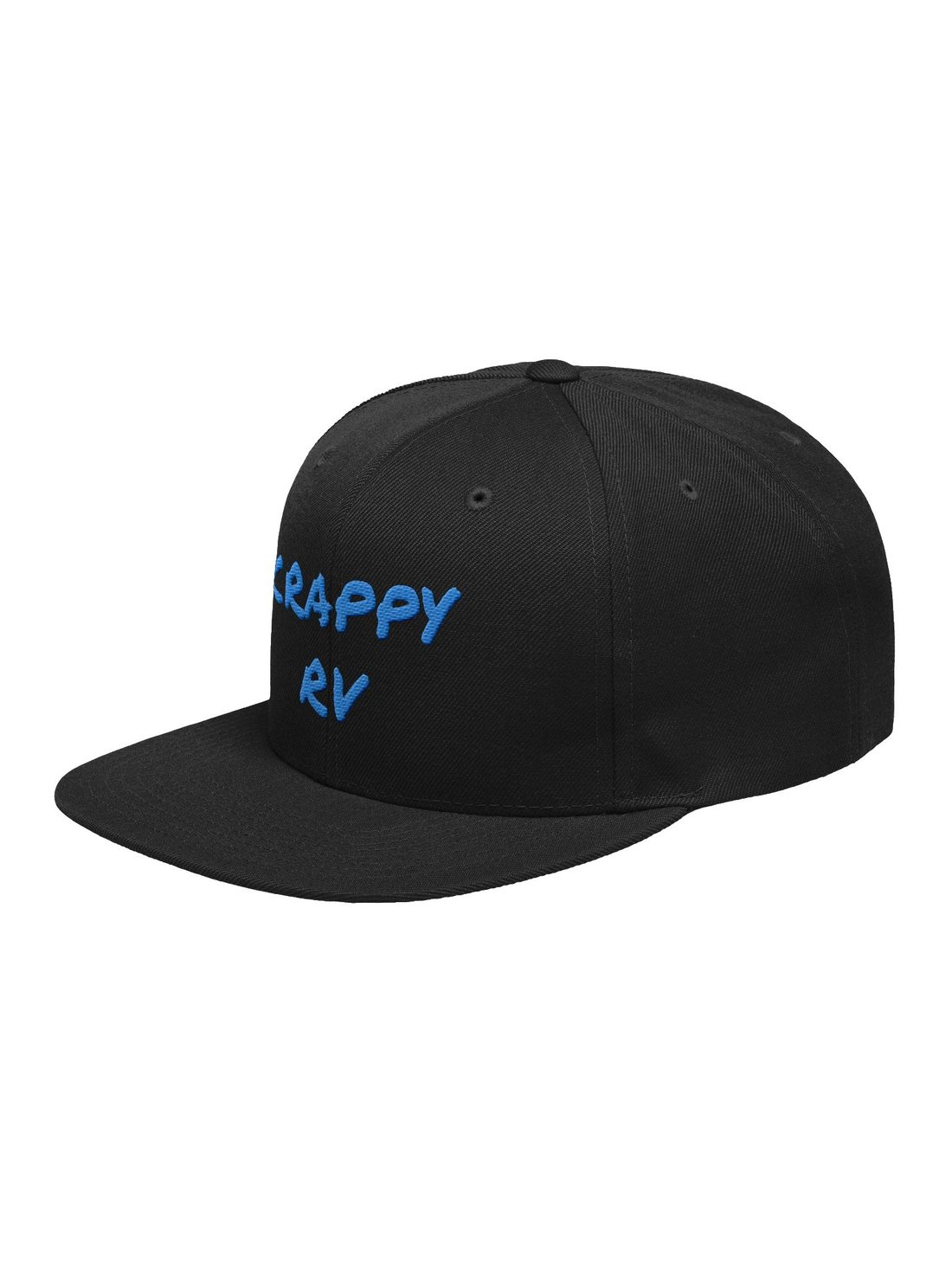 CrappyRV aqua snapback, three-quarter angle showing the flat brim