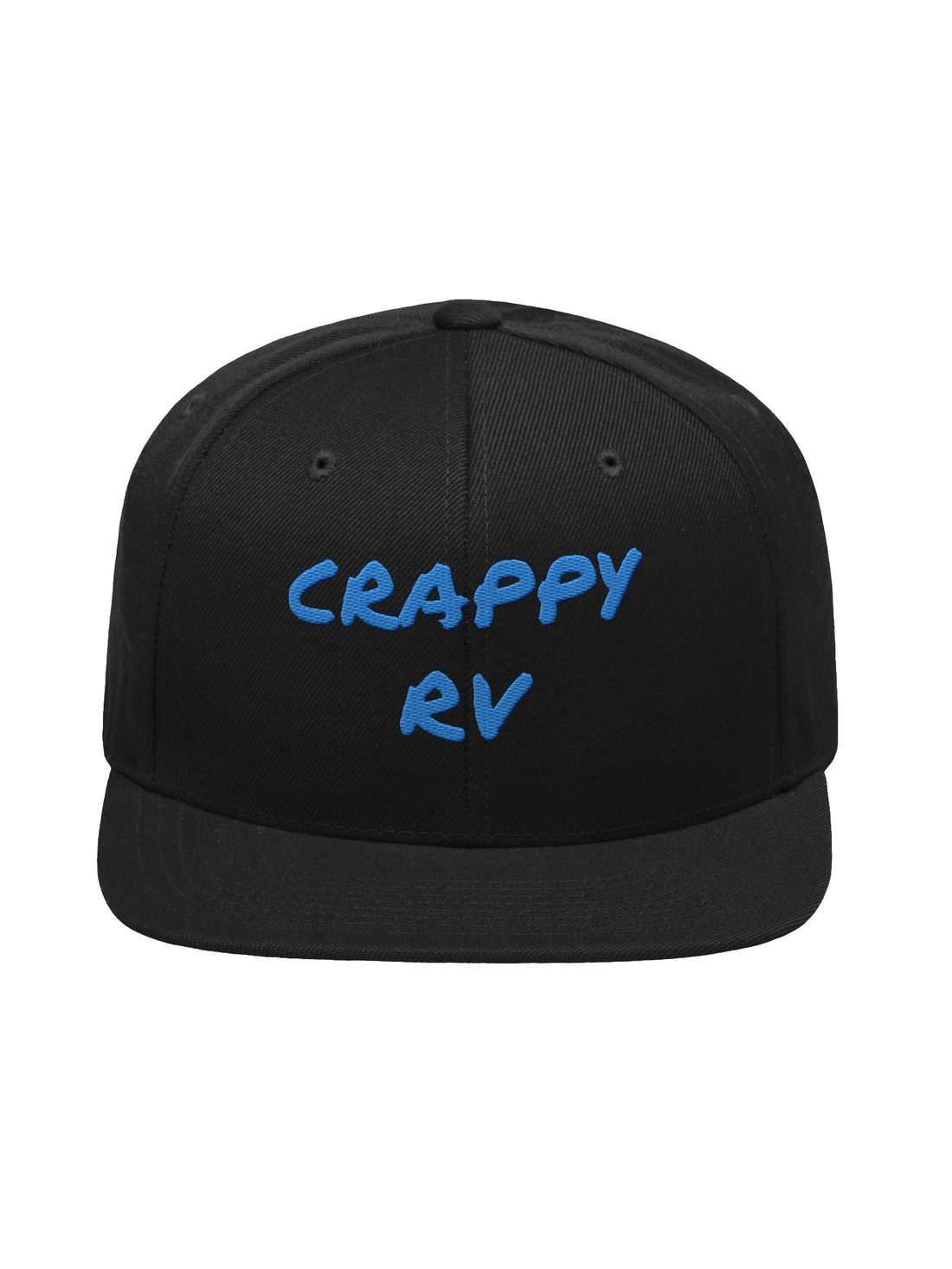 Black flat-brim snapback with CRAPPY RV embroidered in aqua thread, front view