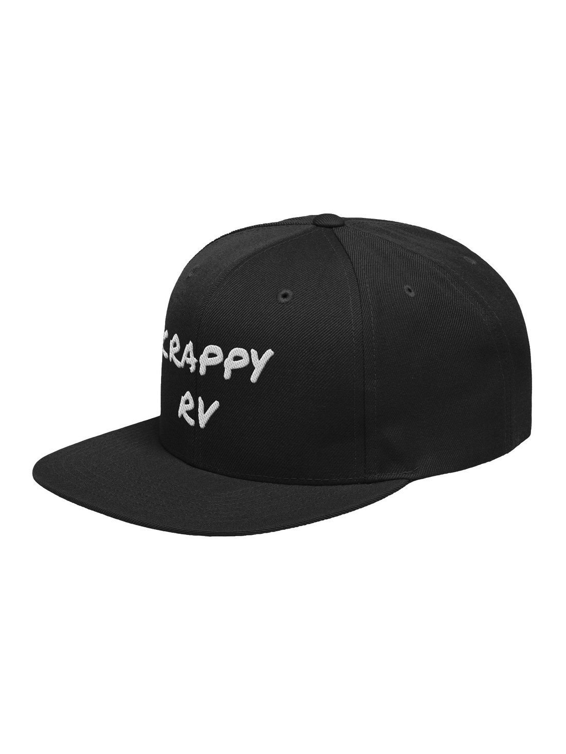 CrappyRV white-thread snapback, three-quarter angle showing the flat brim