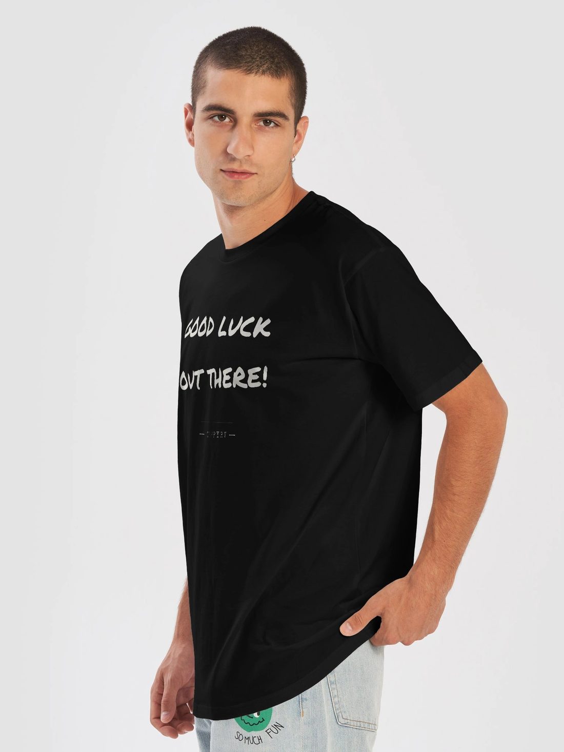 Good Luck Out There Tee shown worn