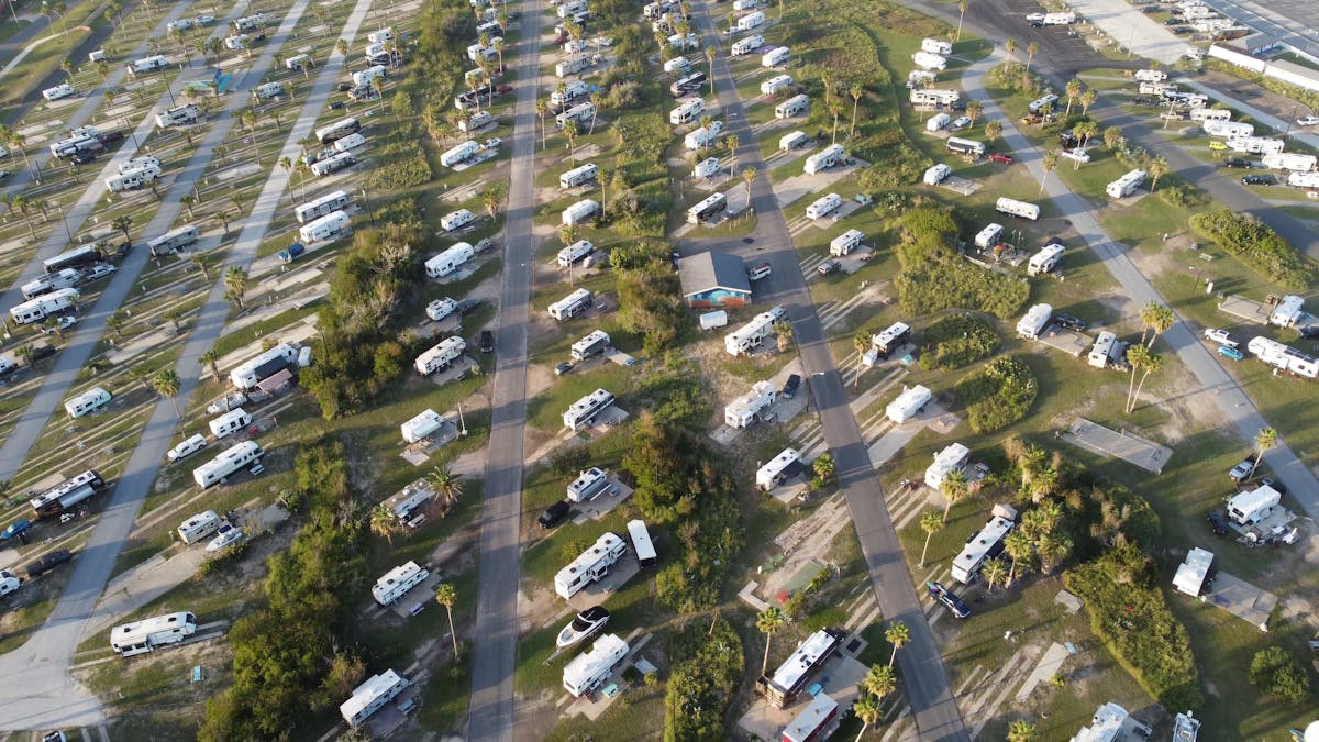 An aerial view of an RV and trailer lot.